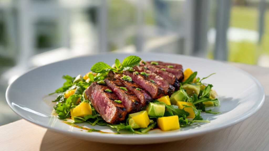 Filetto di bovino alla griglia con rucola, avocado e mango - Filetto di bovino alla griglia con rucola, avocado e mango