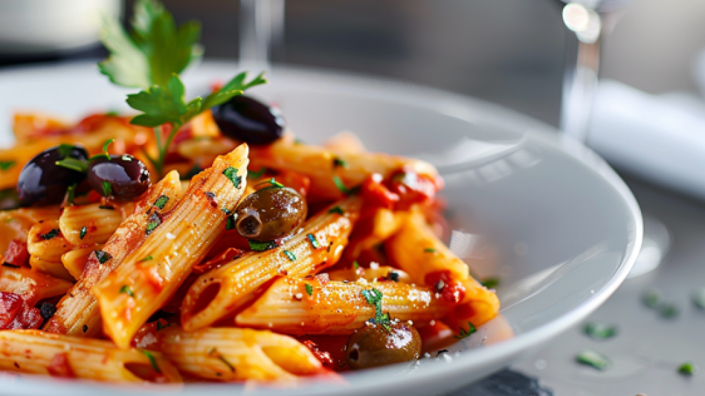Penne al pomodoro e olive taggiasche - Penne al pomodoro e olive taggiasche