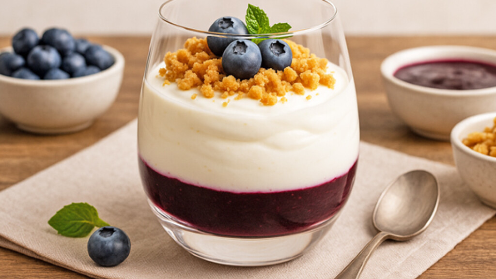 Mousse di yogurt greco con coulis di mirtilli e crumble - mousse-yogurt-greco-coulis-mirtilli-crumble-croccante