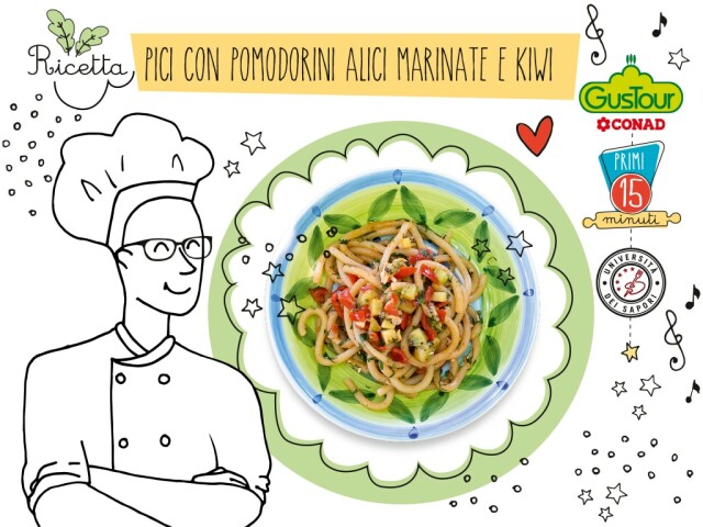 Pici con pomodorini alici marinate e kiwi