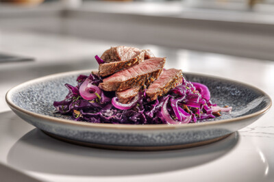 Fettine sottili di bovino su letto di verza viola - fettine-bovino-con-verza-viola