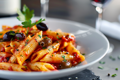 Penne al pomodoro e olive taggiasche